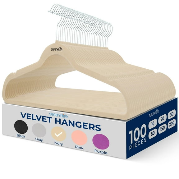 SereneLife 100 Pack Velvet Non-Slip Heavy Duty Adult Hangers Ultra-Thin Space Saving Clothes Organizer with 360 Swivel Hook for Coats Shirts Dresses Closet Storage Ivory