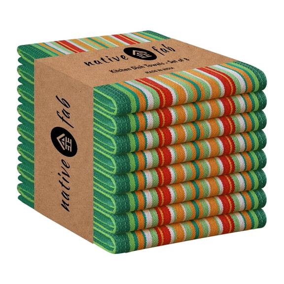Native Fab Mexican Salsa Stripe Kitchen Towels, 8 Pack, 18x28 Inches, 100% Cotton, Soft, Super Absorbent Dish Towels for Drying Dishes, Everyday Kitchen Use, Reusable, Washable, Green