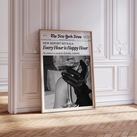 Every Hour Is Happy Hour Trendy Newspaper Print, Retro Bar Cart, Girly Dorm Decor, Retro Funky Wall Art Poster Wall Art, Modern Wall Decor, 8x12 UNFRAMED