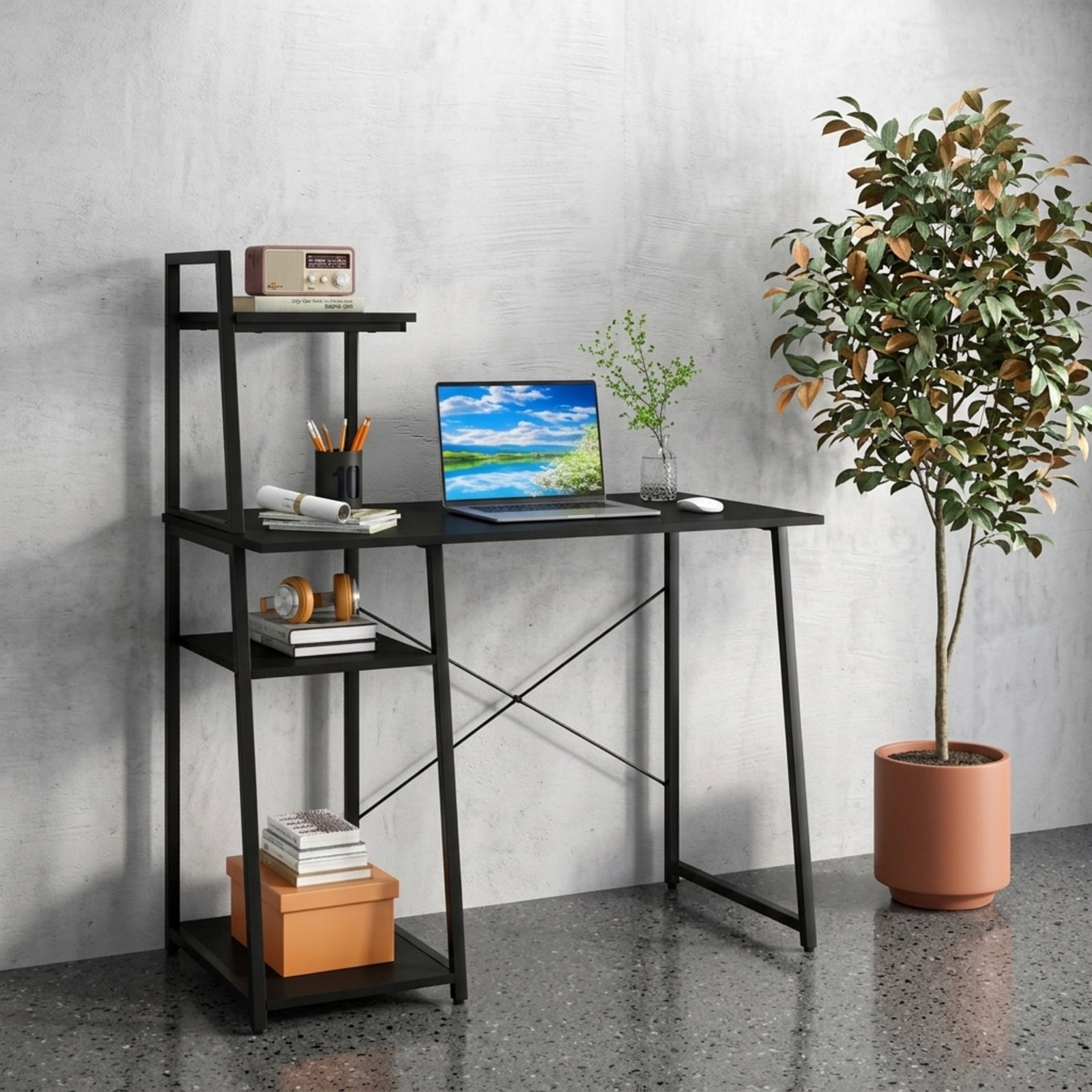 Furnibear Computer Desk with 3-Tier Storage Bookshelf Metal Frame Home Office Writing Workstation and Open Display Shelves, Black