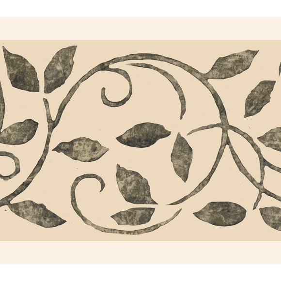 Dundee Deco's Peel and Stick Wallpaper Border - Damask Dark Grey, Beige Scrolls, Leaves Wall Border Retro Design, 15 ft x 7 in (4.57m x 17.78cm), Self Adhesive