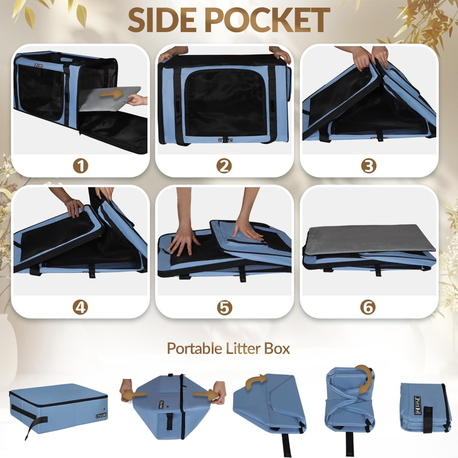 Large   with Litter Box for Car Travel, Soft Sided  for Cats  to 55lbs, Collapsible Dog Crate with  Belt Buckles and Locking Zippers (Blue)