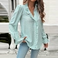 thumbnail image 2 of Women’s Casual Plaid V-Neck Blouse – Ruffle Trim Long Sleeve Shirt, Lightweight Gingham Top Green, 2 of 8