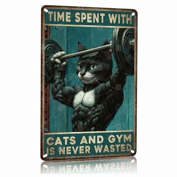 Vintage Cat Gym Motivationl Metal Sign 8x12 Inch Funny Workout Wall Art for Home Gym Decor Fitness Room Aluminum Plaque with Inspirational Quote Time Spent with Cats and Gym is Never Wasted