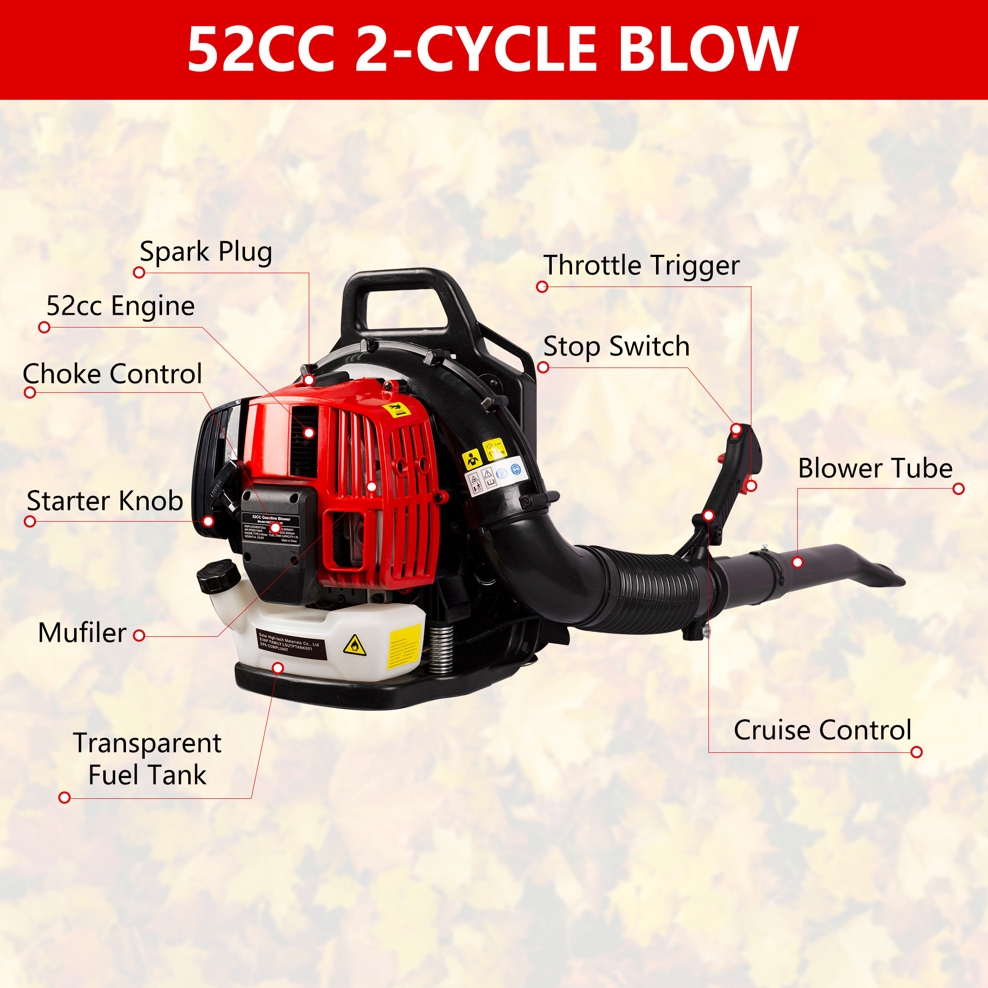 SESSLIFE Gas Leaf Blower, Cordless Backpack Leaf Blower with Extension Tube, 52cc 2-Cycle & 530CFM, Home Commercial Leaf Vacuum for Blowing Leaves/Mowed Grass/Snow Debris, EPA Passed, TE2101