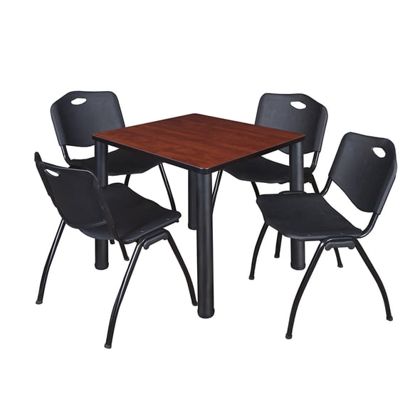Regency Kahlo 30 in. Square Breakroom Table- Cherry Top, Black Base & 4 M Stack Chairs- Black