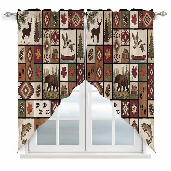 Country Patch Plaid Swag Curtains for Kitchen/Bedroom/Living Room, Brown Farmhouse Retro Bear Deer Cabin Scalloped Curtains 63 Inch Long, Window Swag Topper Curtains Valances 2 Panels Set 36"x63"