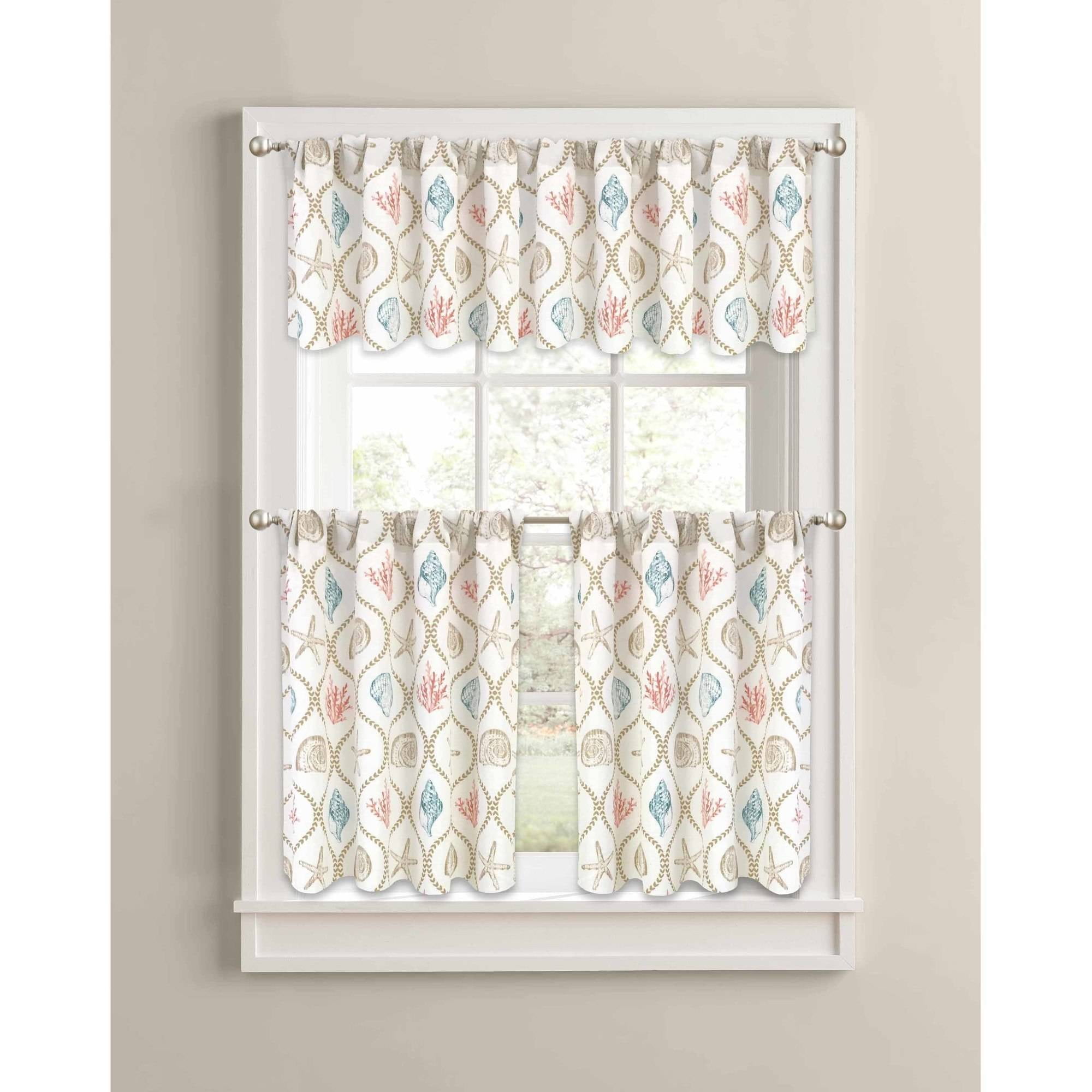Better Homes & Gardens Coral/Aqua Ogee Shells Kitchen Curtains, Set of 2 or Valance Walmart