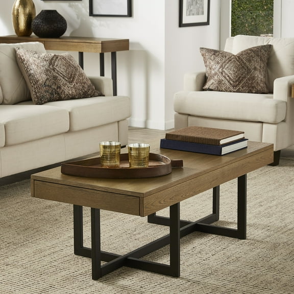 Weston Home Nadian Wood and Black Metal Two Drawers Coffee Table, Multiple Finishes