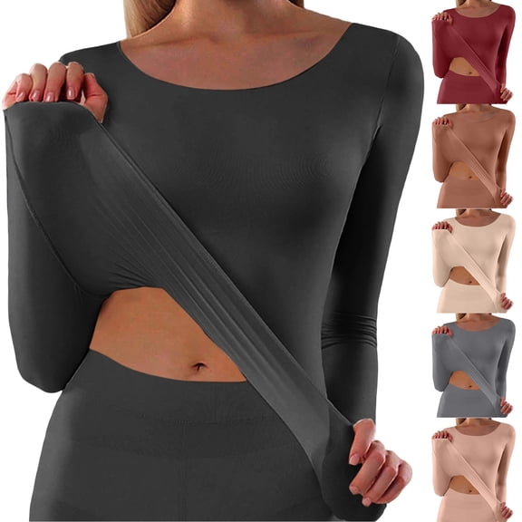 Jamicy Womens Winter Undershirts Long Sleeved Round Neck Solid Color Warm Basic Tops Underwear Base Layers for Women