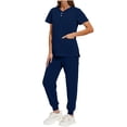 thumbnail image 4 of Nmnitkp Women's Scrubs Set Short Sleeve V-Neck Button Top Drawstring Jogger Pants Side Slit Pockets Four-Way Stretch Moisture-Wicking Antimicrobial Caregiver Nursing Medical Uniforms Sky Blue,L, 4 of 9