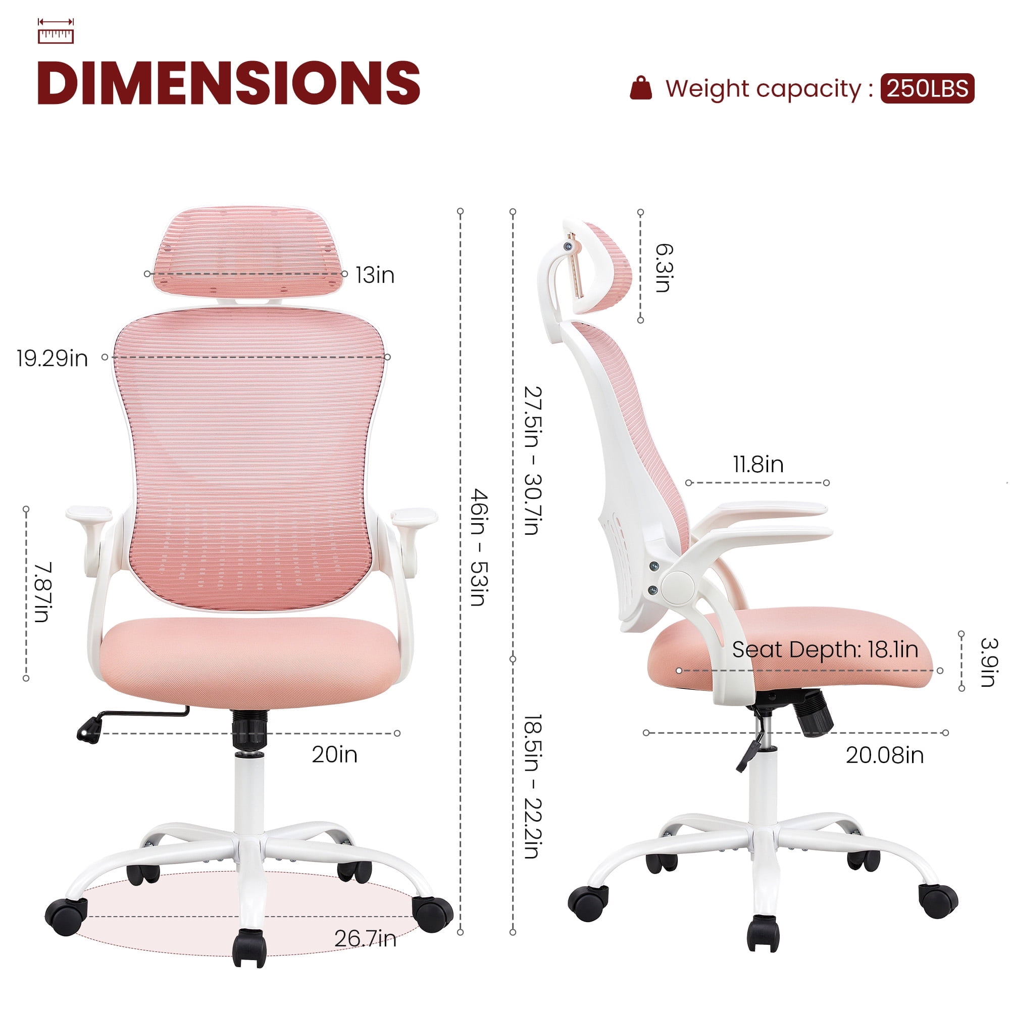 MCQ Office Chair, Ergonomic Home Mesh Office Desk Chairs, with Adjustable Armrests, Wheels and Mid-Back Task Chair with Lumbar Support,  Pink
