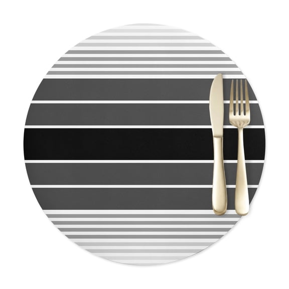 Round Placemats Set of 1, Black Gray Gradient Stripe Faux Leather Placemat Waterproof Oil-Proof Wipeable Table Mats 12in, Washable Place Mats for Kitchen Dining Table Party Outdoor