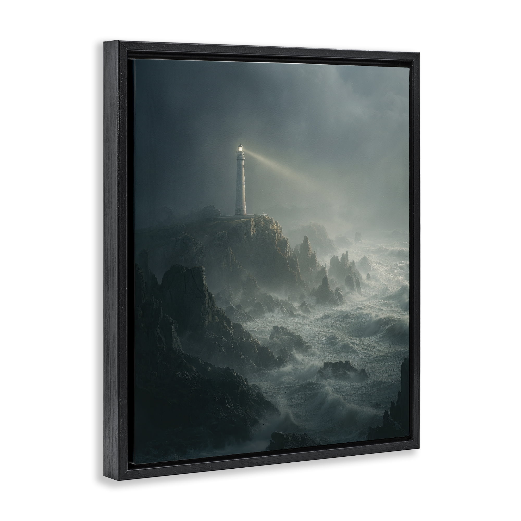 Lighthouse and Stormy Cliff Black Framed Floater Canvas Wall Art, design by Ziwei Li