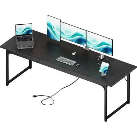 79 Inch Large Computer Desk with Built-in Power Outlets, Extra Long Desk for Home Office & Gaming, Spacious Writing Table, Black