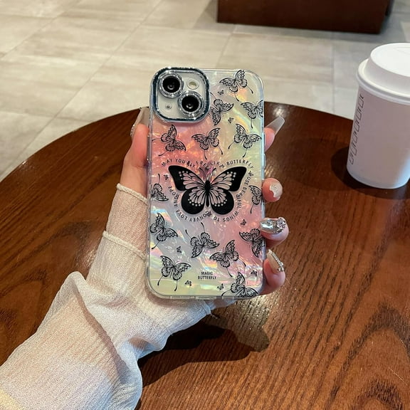 Compatible with iPhone 15 Laser Case Cute Butterfly Seashell Glitter Bling Case with Camera Lens Protection Scratch-Resistant Cover Girly Women Soft TPU Shockproof Phone Cover,Colorful