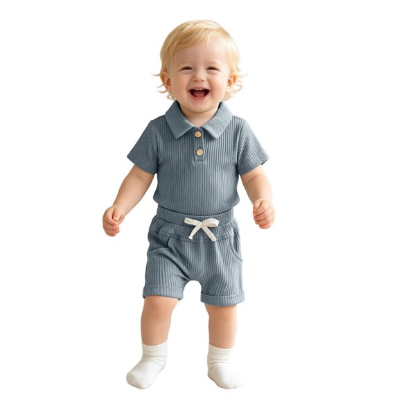 Boys Outfits Ribbed Solid Print Short Sleeve Crew Neck Romper And Shorts 2 Piece Casual Wear Baby Boys' Clothing Sets Size 6-12 Months
