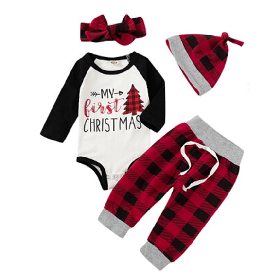 Infant Baby Boys Christmas Outfit Romper Bodysuits TopsPlaid Pants Clothes Set