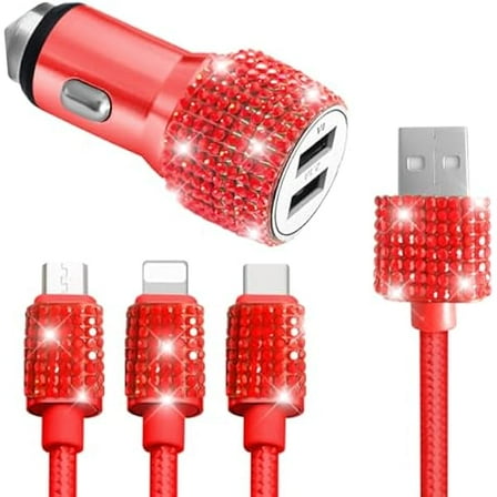 Bling Dual USB Car Charger with 3-in-1 Multi Fast Charging Cable, Dual Port Charger Adapter with Type C Micro USB Cord for iPhone, Android, Rhinestones Car Interior Accessories for Women(Red)