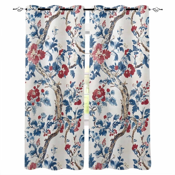 Fsddascl Blue Red Botanical Blackout Curtains for Bedroom/Living Room, Thermal Insulated Kitchen Curtains, Summer Watercolor Flower Branch Plant Grommet Darkening Window Treatment Drapes 52"x72"x2