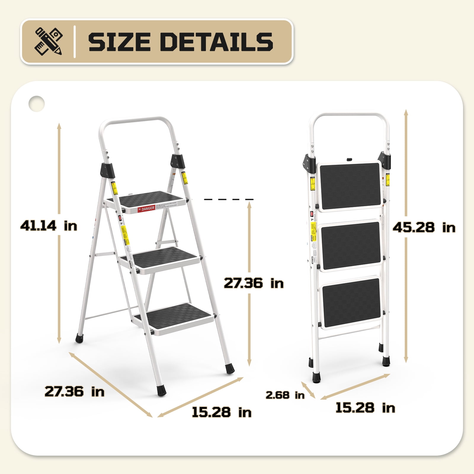 LevLad 3 Step Ladder, Folding Step Stool with Anti-Slip Pedal, Sturdy Steel Ladder, Convenient Handrail, Lightweight, Portable, White