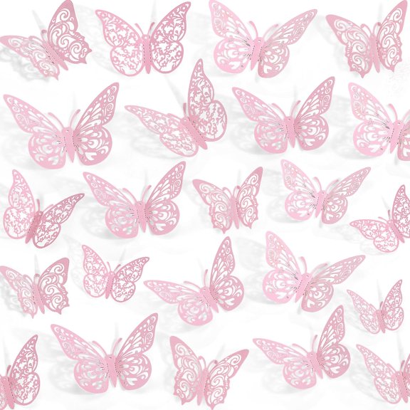 72 Pcs Butterfly Decorations, 3 Sizes 3 Styles, Wall Decor, Butterfly Party Decorations, Birthday Decorations, Butterflies for Crafts, Cake Decorating, Wall Stickers Room Decor, Pink