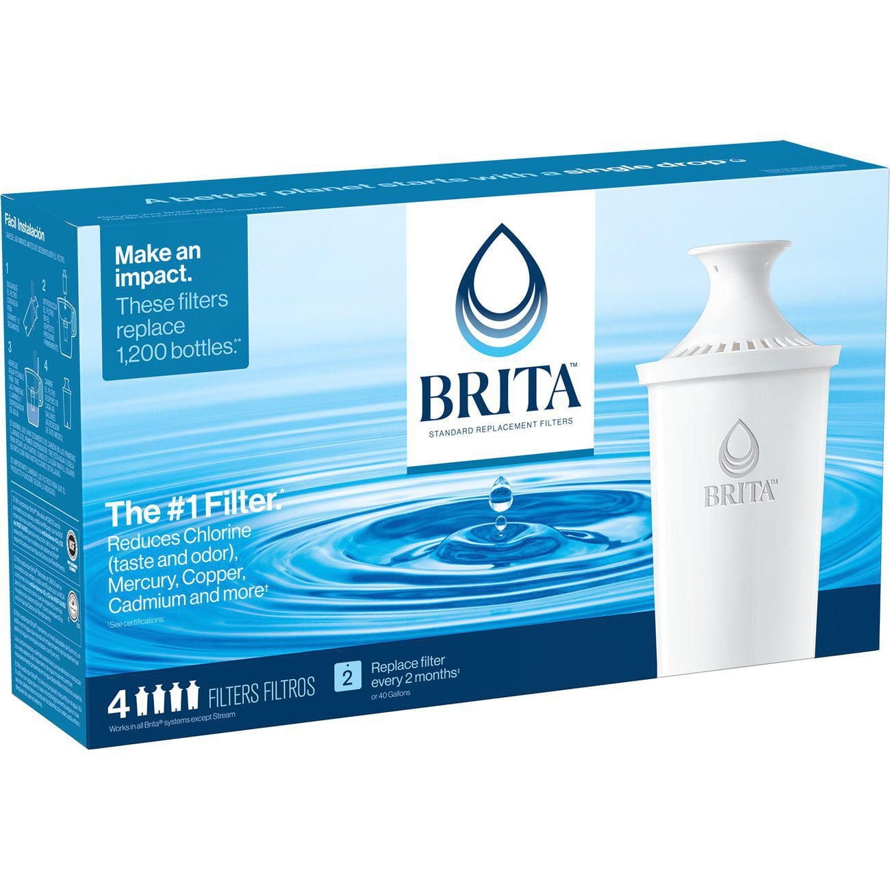 Filtre de rechange Brita standard, réduit les contaminants tout en conservant les minéraux sains, certifié par la WQA pour la réduction du chlore afin d’améliorer le goût de l’eau, fabriqué sans BPA, 4 filtres par boîte