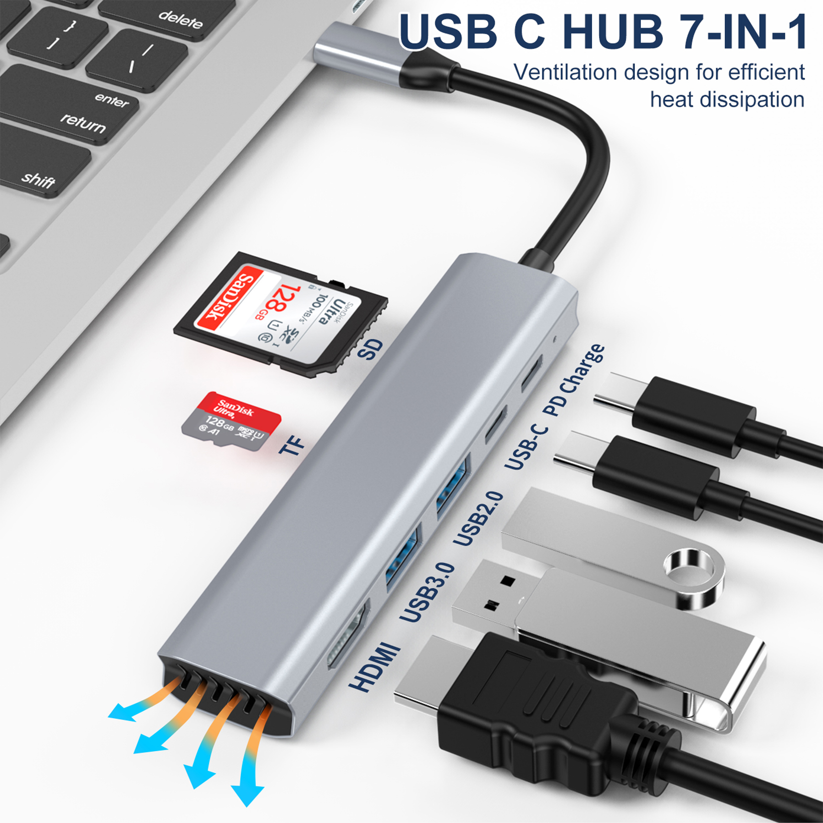 USB C Hub Multiport Adapter,7 in 1 Dongle Hub,USB 3.1 C to HDMI+USB3.0*2+SD/TF+USB-C+100W PD Fast Charging,4K@30Hz,1080P@60Hz,Compatible for MacBook,iPad Pro,XPS,HP,Chromebook and Other Devices
