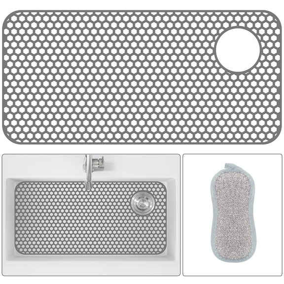 Silicone Sink Protector, 28.3" x 14.4" Right Drain Kitchen Sink Mat for Sink Bottom, Non-Slip and Heat-Resistant, For Farmhouse and Stainless Steel Sinks, With a Free Scrub Sponge, Grey