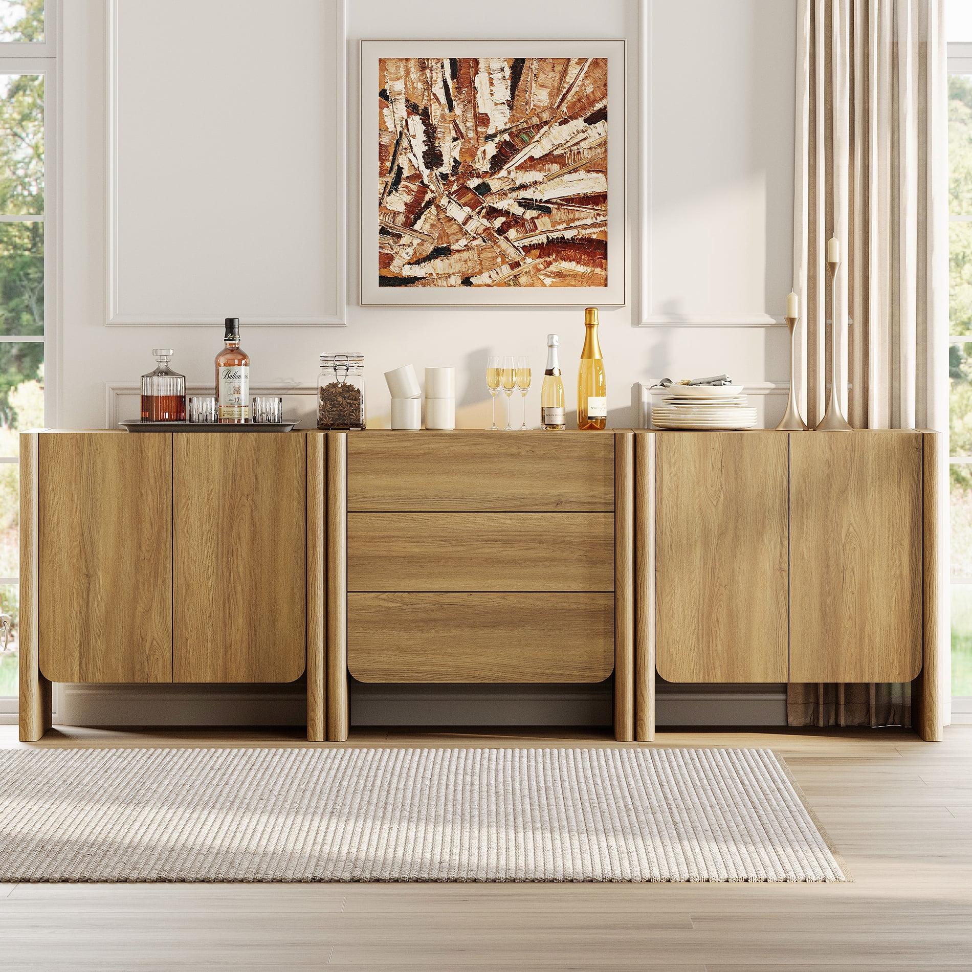 Modern French TV Stand, 94.5-Inch 3-Piece Media Console with 4 Doors and 3 Drawers, Supports TVs up to 105 Inches, Walnut