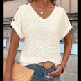 thumbnail image 4 of Camiseta con Bordado de Ojales para Mujer, Blusa Informal de Verano con Cuello en V, Blusa Holgada A , Color Albaricoque XXL, 4 of 8