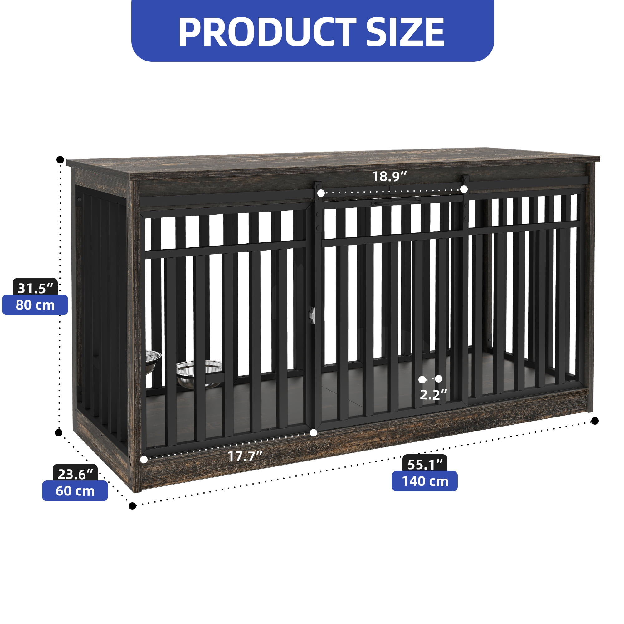 ModFusion 55" Extra-Large Pet Crate with Sliding Doors, Retro Wood & Iron Frame, Anti-Tip Design – Stylish Dog Cage for Living Room & Bedroom Use