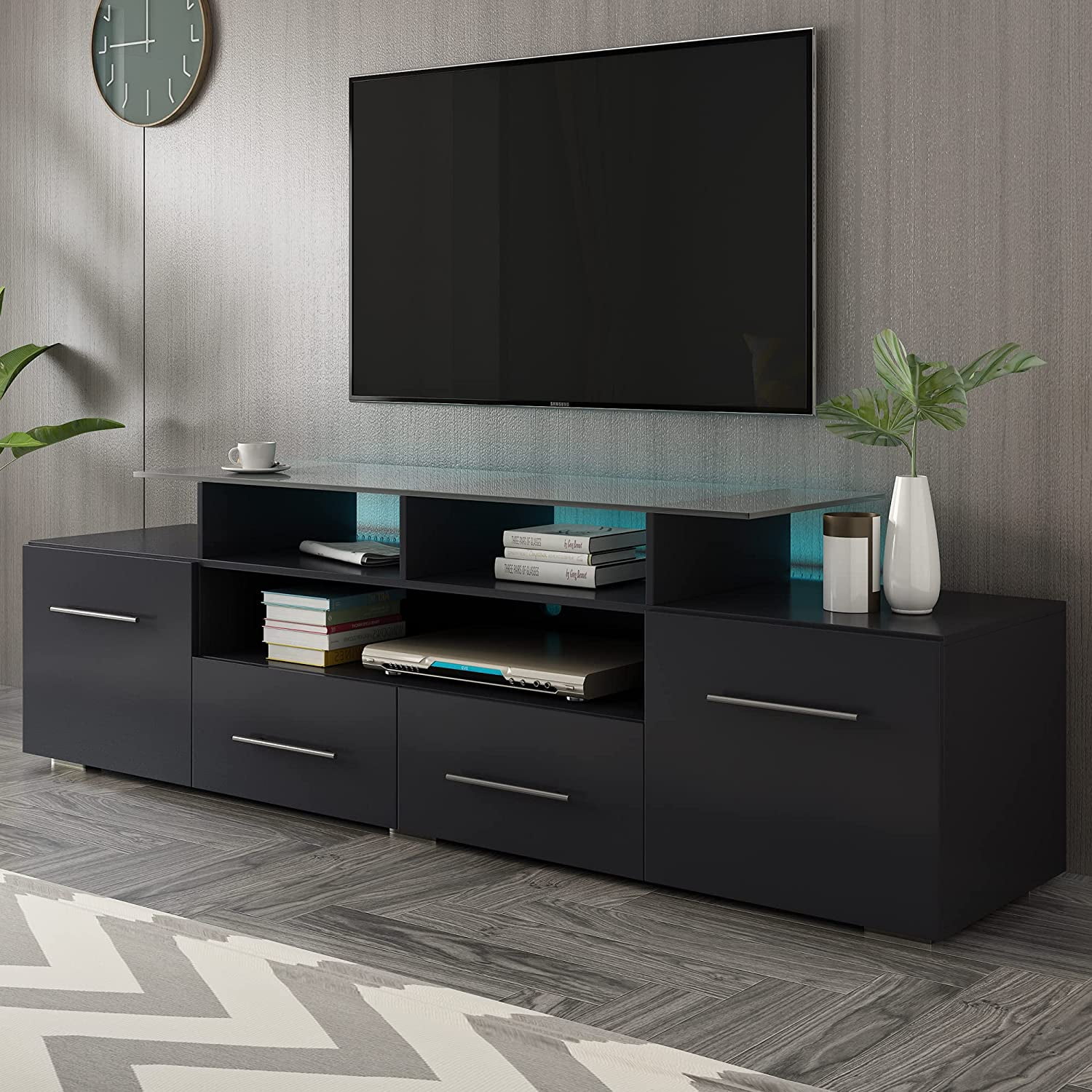 TV Stand with LED Lights, Entertainment Center Double Tabletop Television Stand with 2