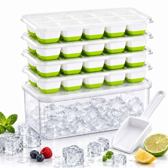 BUSATIA Ice Cube Tray with Lid and Bin,4 Pack 48 Cubes Stackable Trays for Freezer,Silicone Ice Cube Tray with Scoop for Cocktails, Whiskey, Coffee,Kitchen Storage