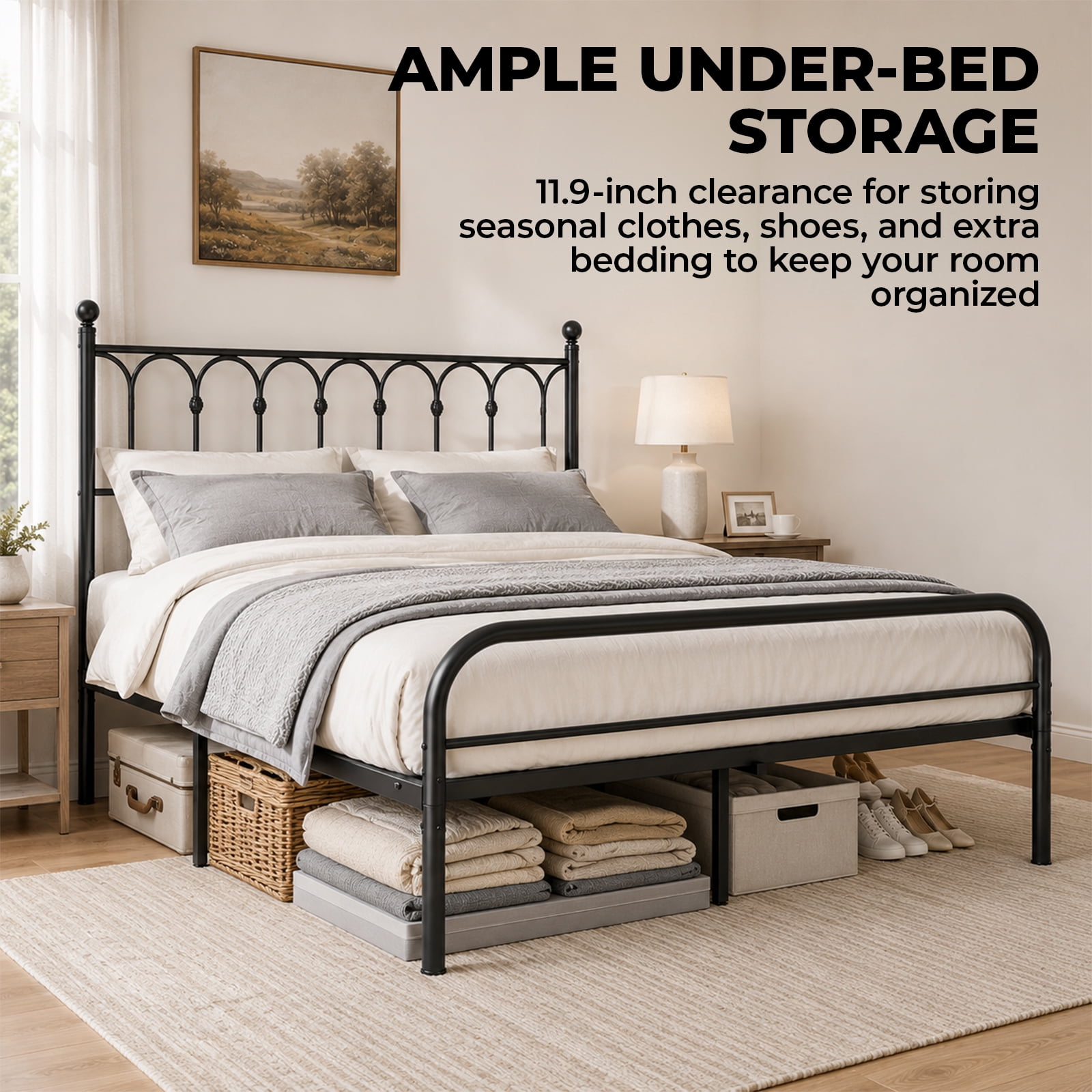 Alvantor Metal Platform Bed Frame, Classic Iron Art Headboard & Footboard, Stable & Noiseless, 11.9 Inch Under Bed Storage, No Box Spring Needed, Easy Assembly, Black