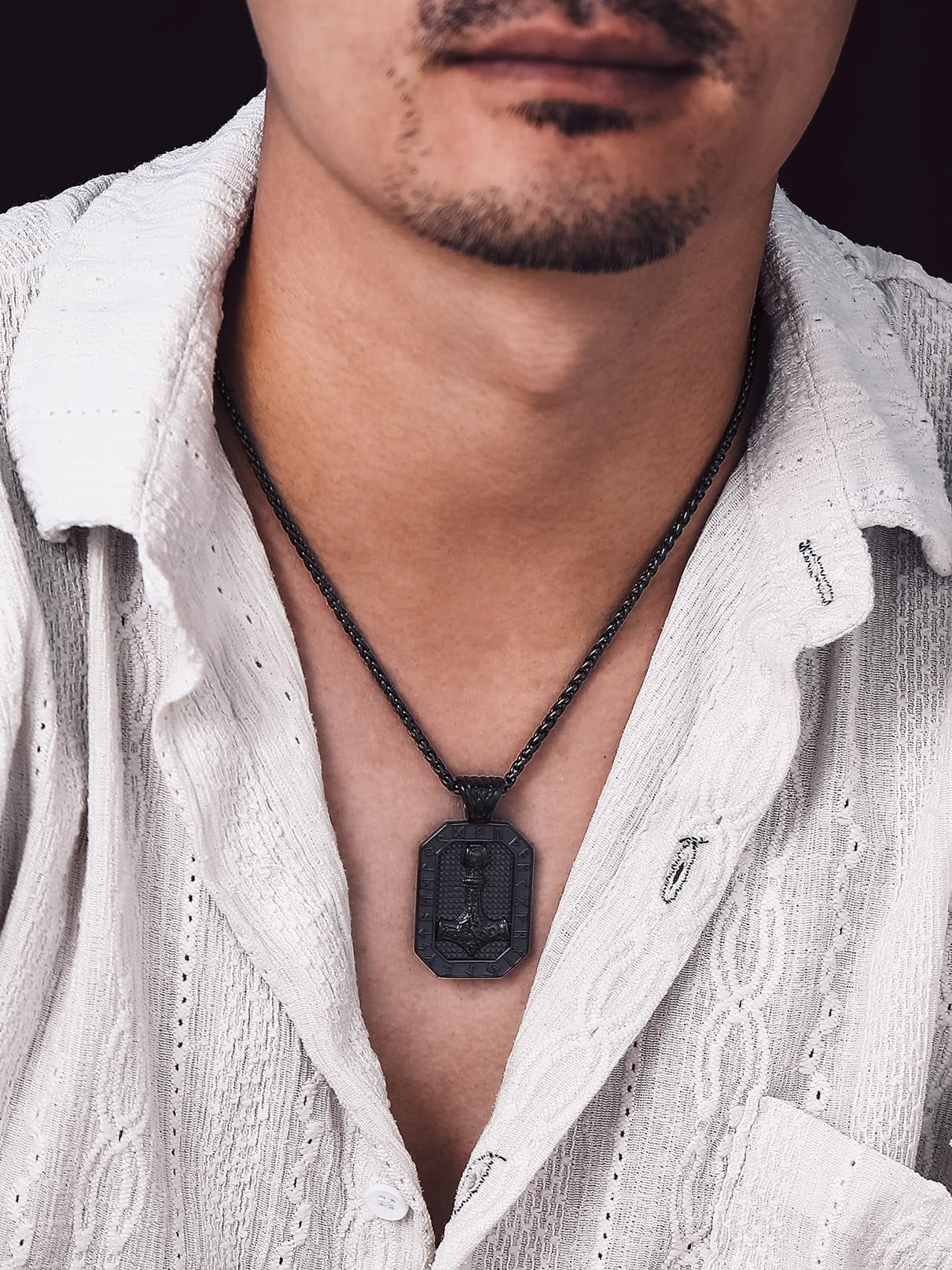 Bandmax Mens Black Nordic Dog Tag Pendant Necklace with Viking Runes Stainless Steel Thors Hammer Necklaces Chain Gift for Men