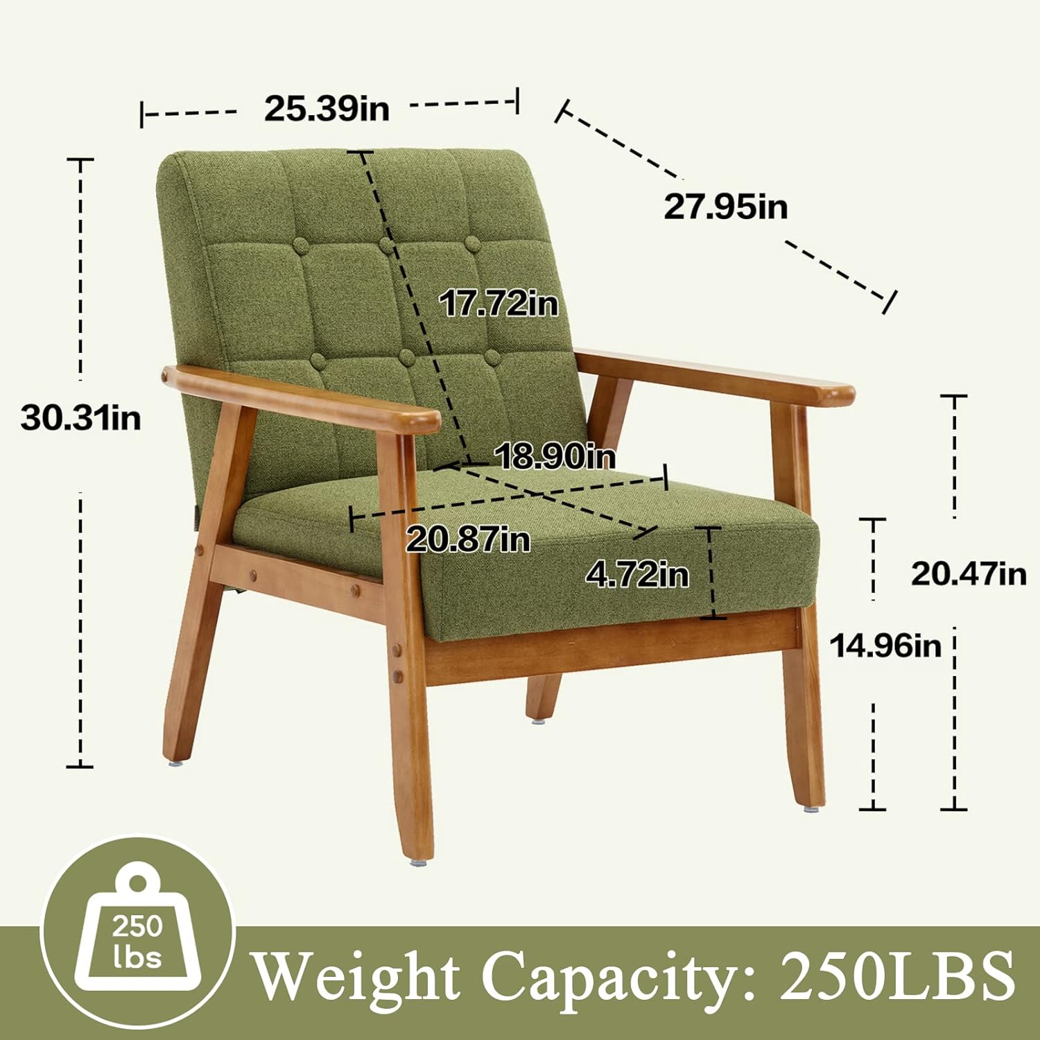 Holaki Mid Century Modern Arm Chair with Wood Frame,Linen Fabric Comfy Reading Chair,Accent Chair for Living Room Bedroom Reading,Easy Assembly,Green Linen
