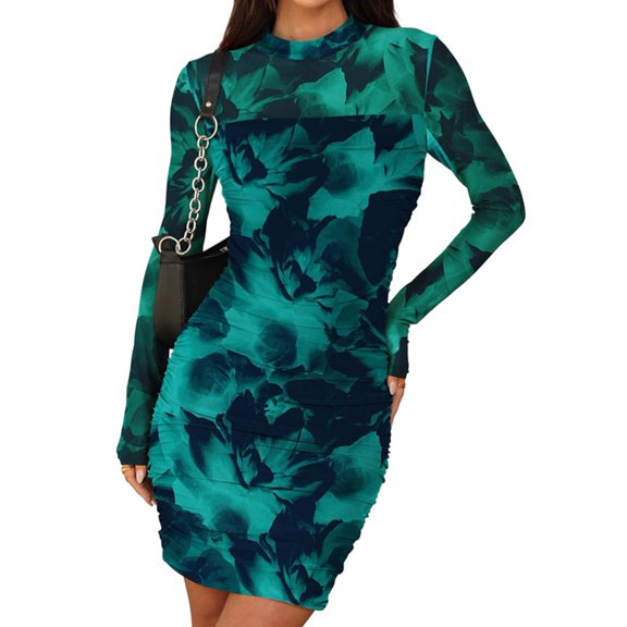Women'S Mesh Sheer Long Sleeve Ruched Mini Dress Bodycon Mock Neck Cocktail Party Club Dresses Lake Blue Flowers S