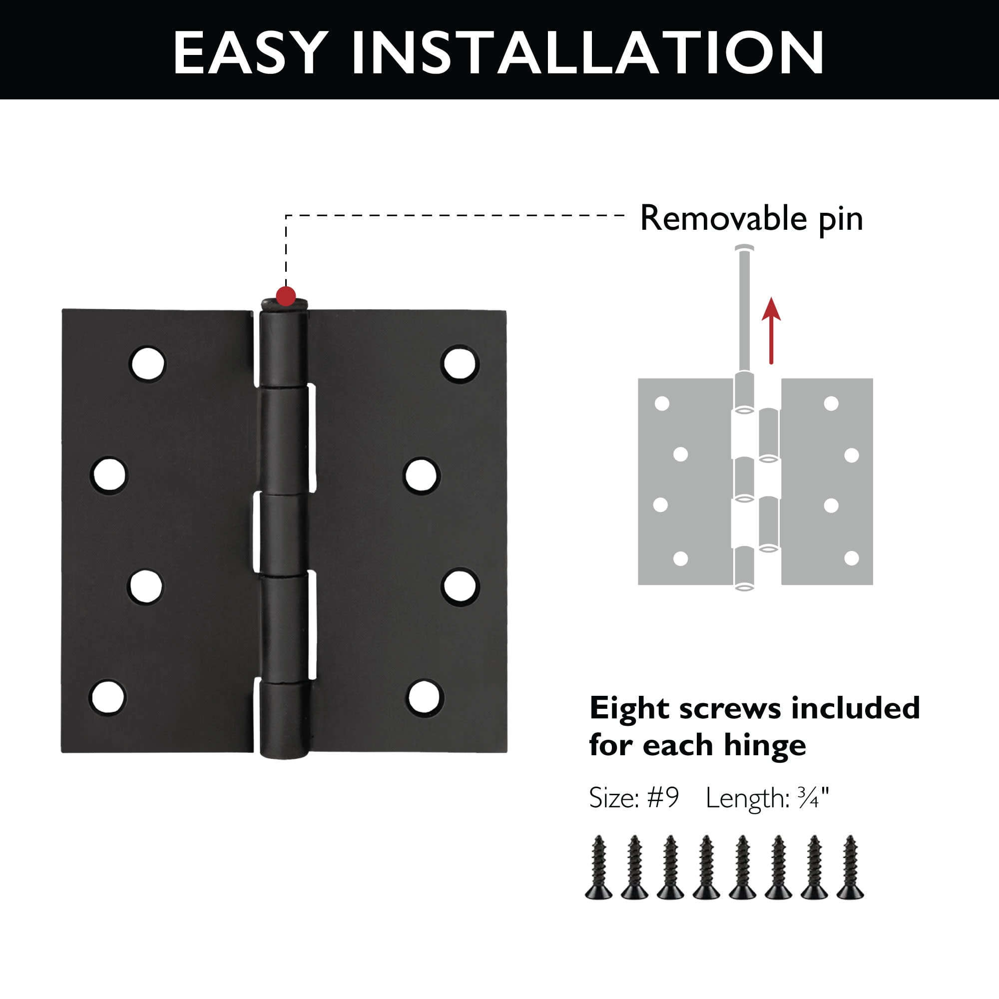 Design House 3-Pack 4" x .125" x 4" Square Butterfly Interior/Exterior Door Hinges, Matte Black