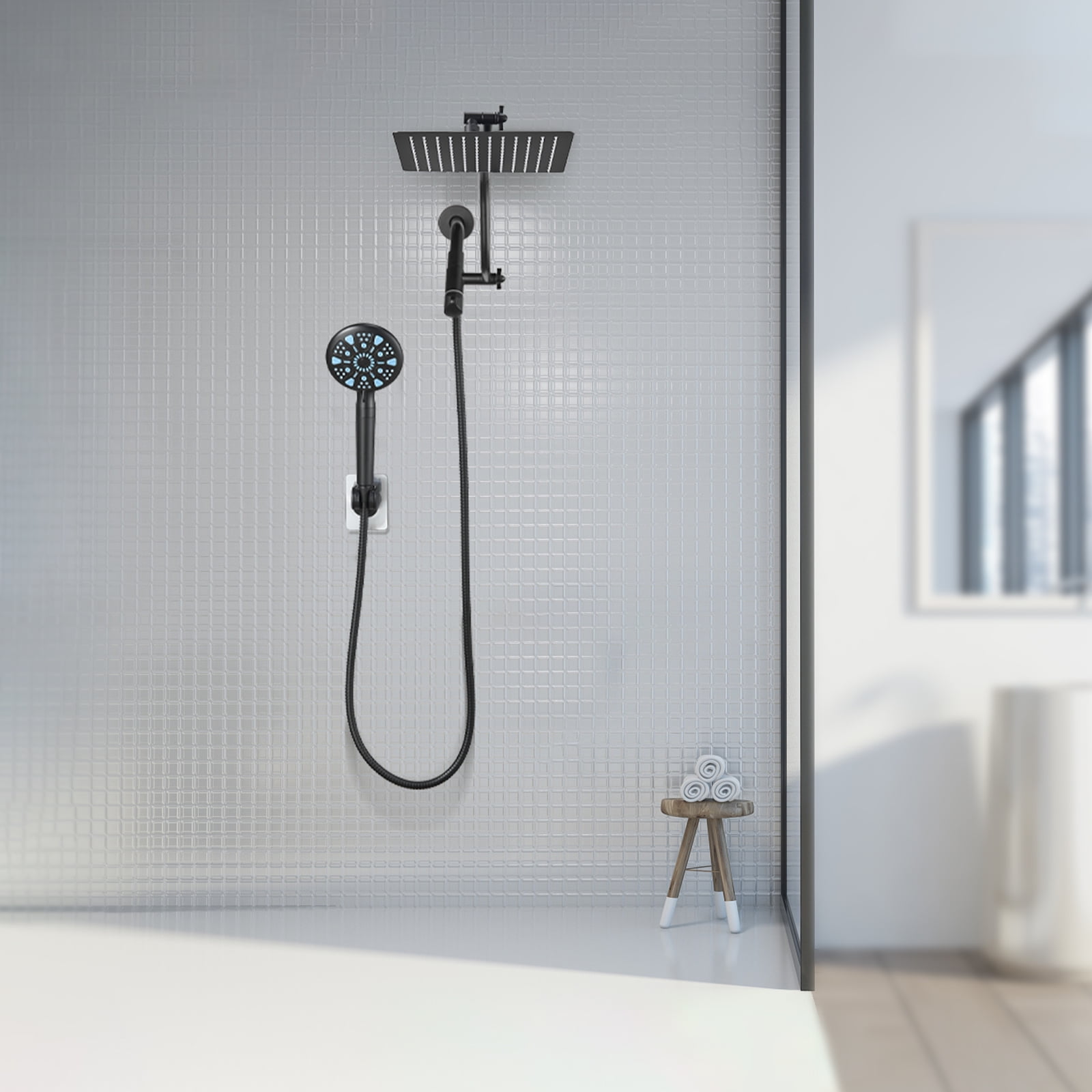 Cobbe 8-Inch Dual Shower Heads with Handheld Spray Combo, 3-Way Rain Shower Head, 9-Spray Patterns Handheld Shower, Matte Black