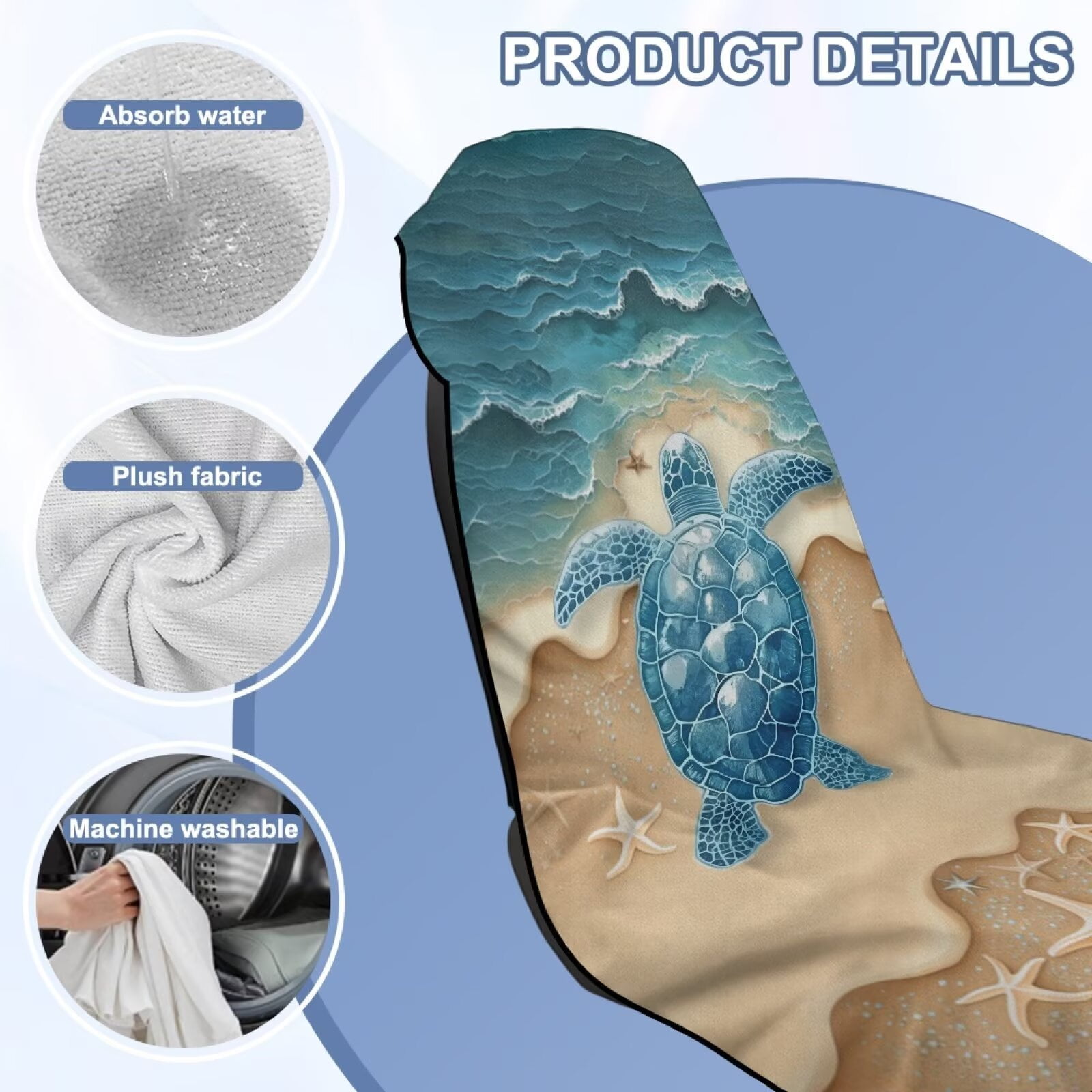 Binienty Removable Car Sweat Towel Front Seat Cover Beach Sea Turtle Bucket Car Towel Seat Cover for Post Gym Workout Running Swimming Beach Hiking