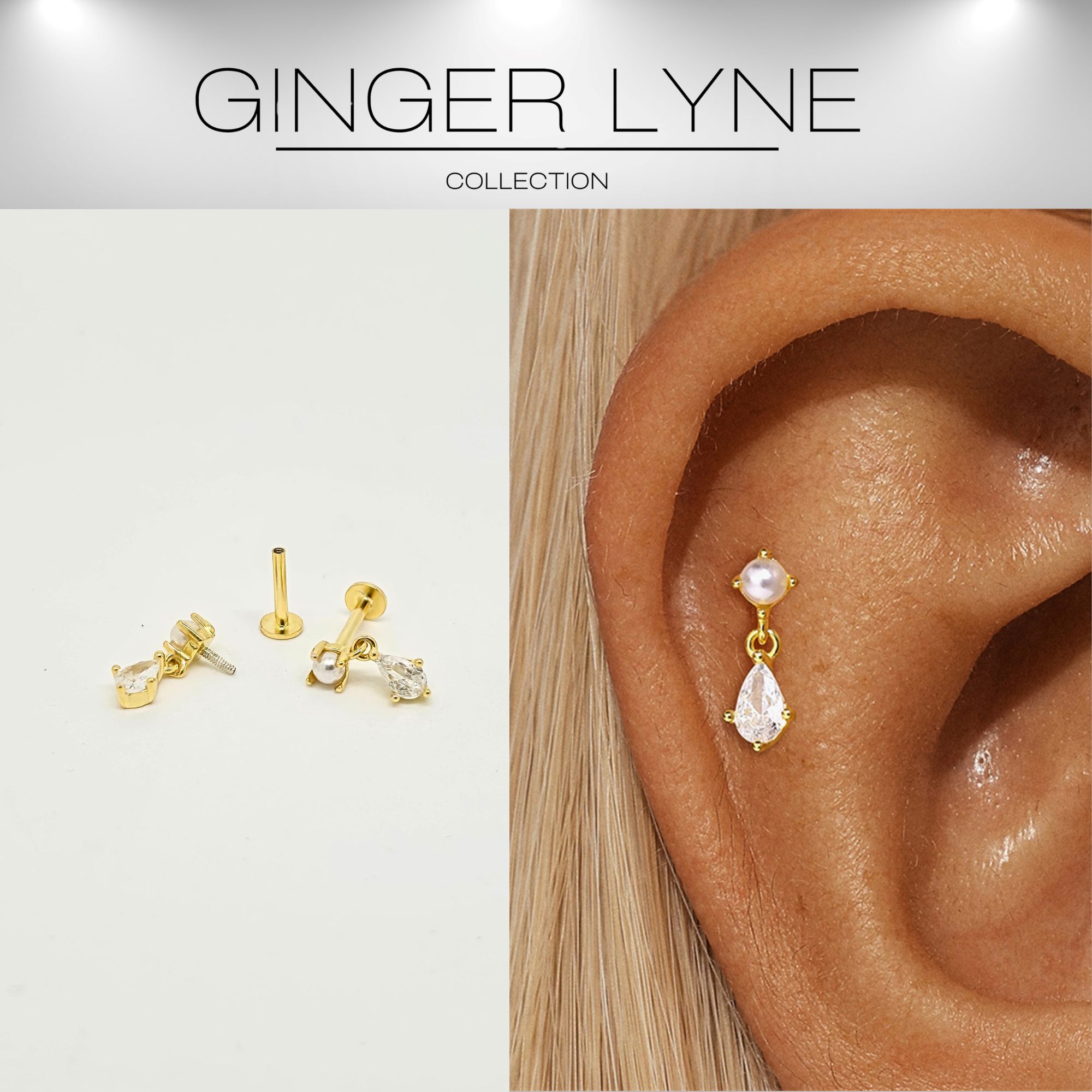 Pearl Dangle Flat Back Earrings for Women Sterling Silver 16g Cartilage Helix Lobe Body Piercing Stud Ginger Lyne
