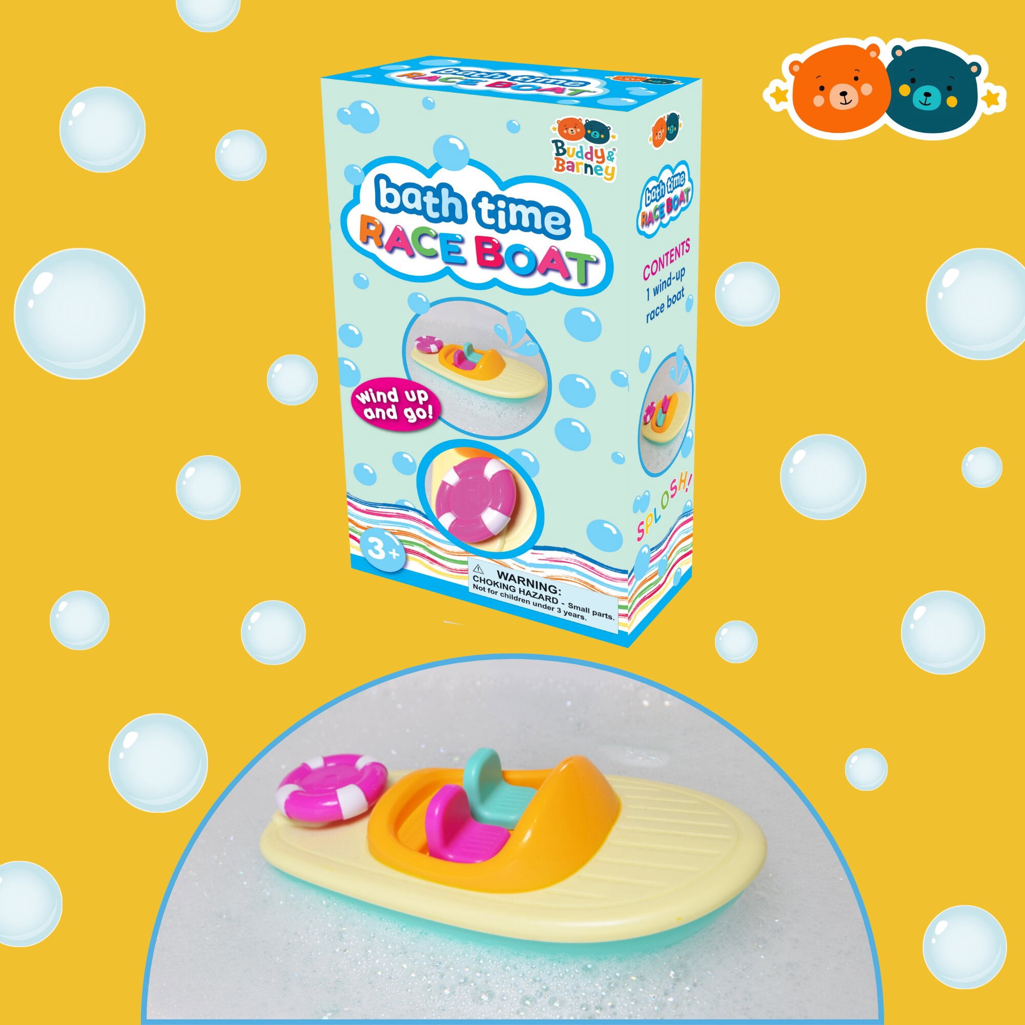 Buddy & Barney: Bath Time Race Boat - Wind-Up & Go Toy, Yellow-Pink-Green Floating Speed Boat, Sensory Exploration, Water & Tub Play, Kids Toddlers 1+
