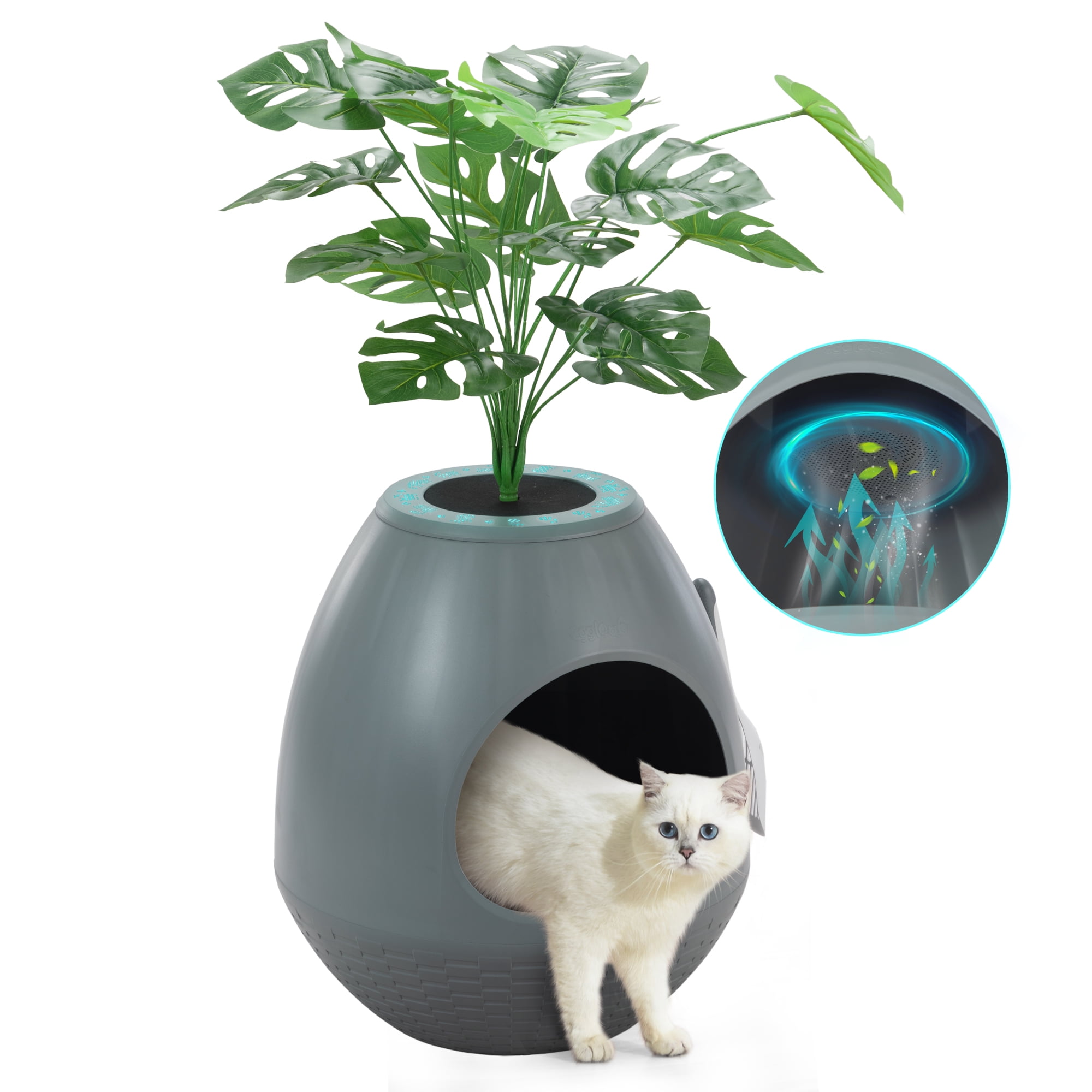 Jaxpety Smart Plant Cat Litter Box,Hidden Cat Litter Box with Deodorization System, Exhaust Fan,Light, Scoop, Artificial Plants for Apartments and Offices Living Room Bedroom