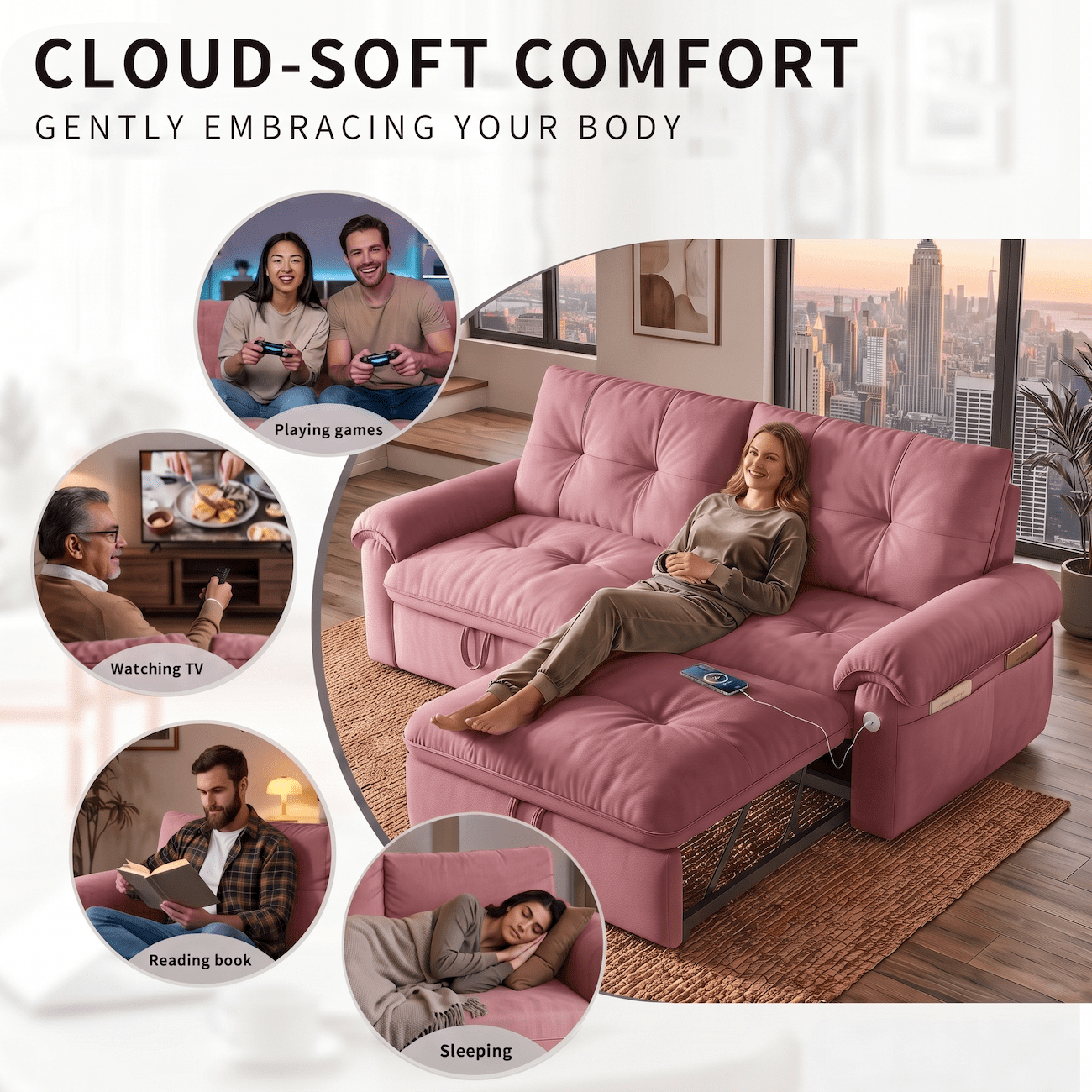 Xiweot Convertible Sleeper Sofa Bed, 77" Queen Size Pull Out Couch Bed with Adjustable Backrest, USB Ports & Side Pocket, Velvet Loveseat Sleeper for Living Room Small Space (Pink)