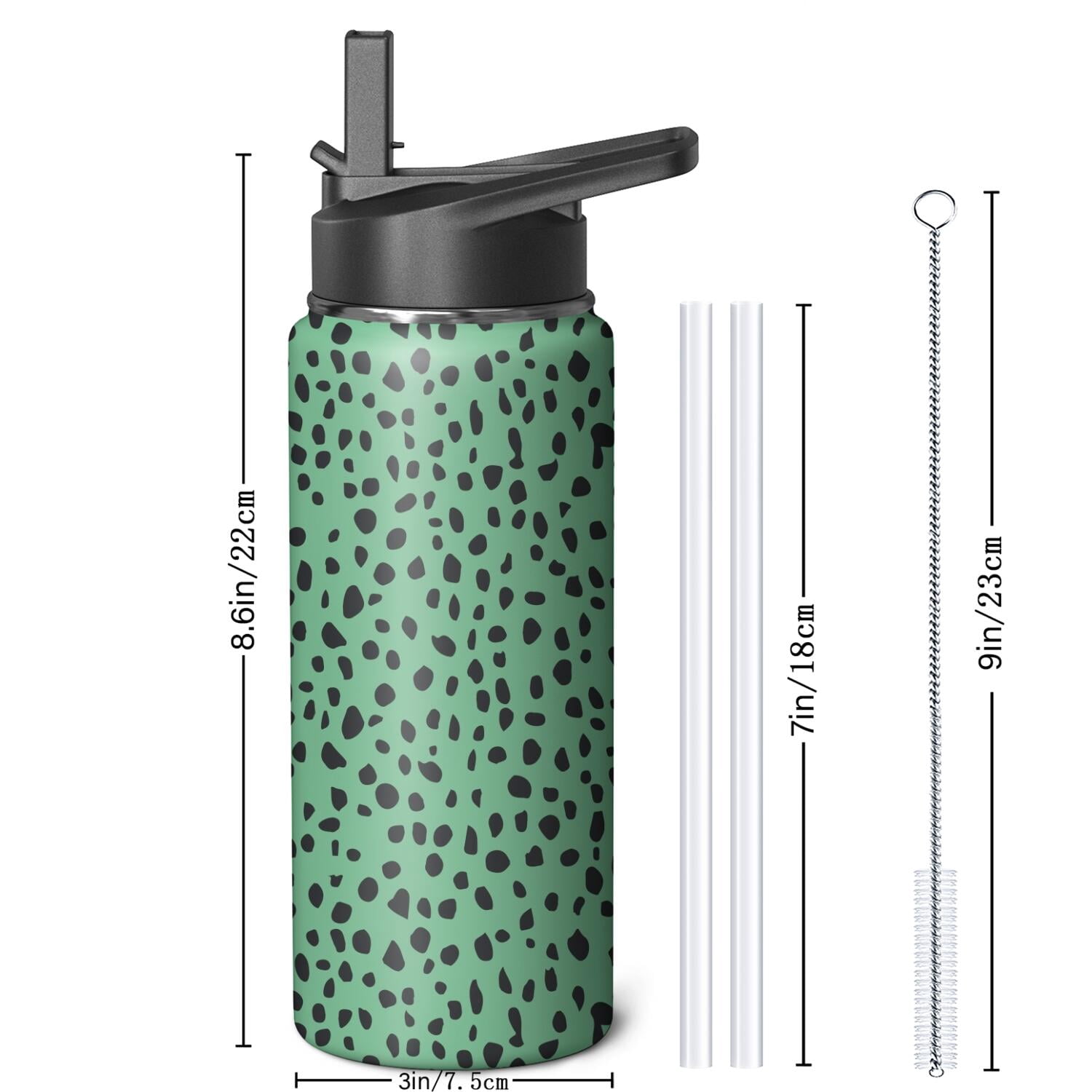 Leopard Print Insulated Stainless Steel Water Bottle with Straw & Cleaning Brush – 18 Oz | Leakproof, BPA-Free, 304 Stainless Steel, Wide Mouth, Travel Mug for Car, Gym, Office