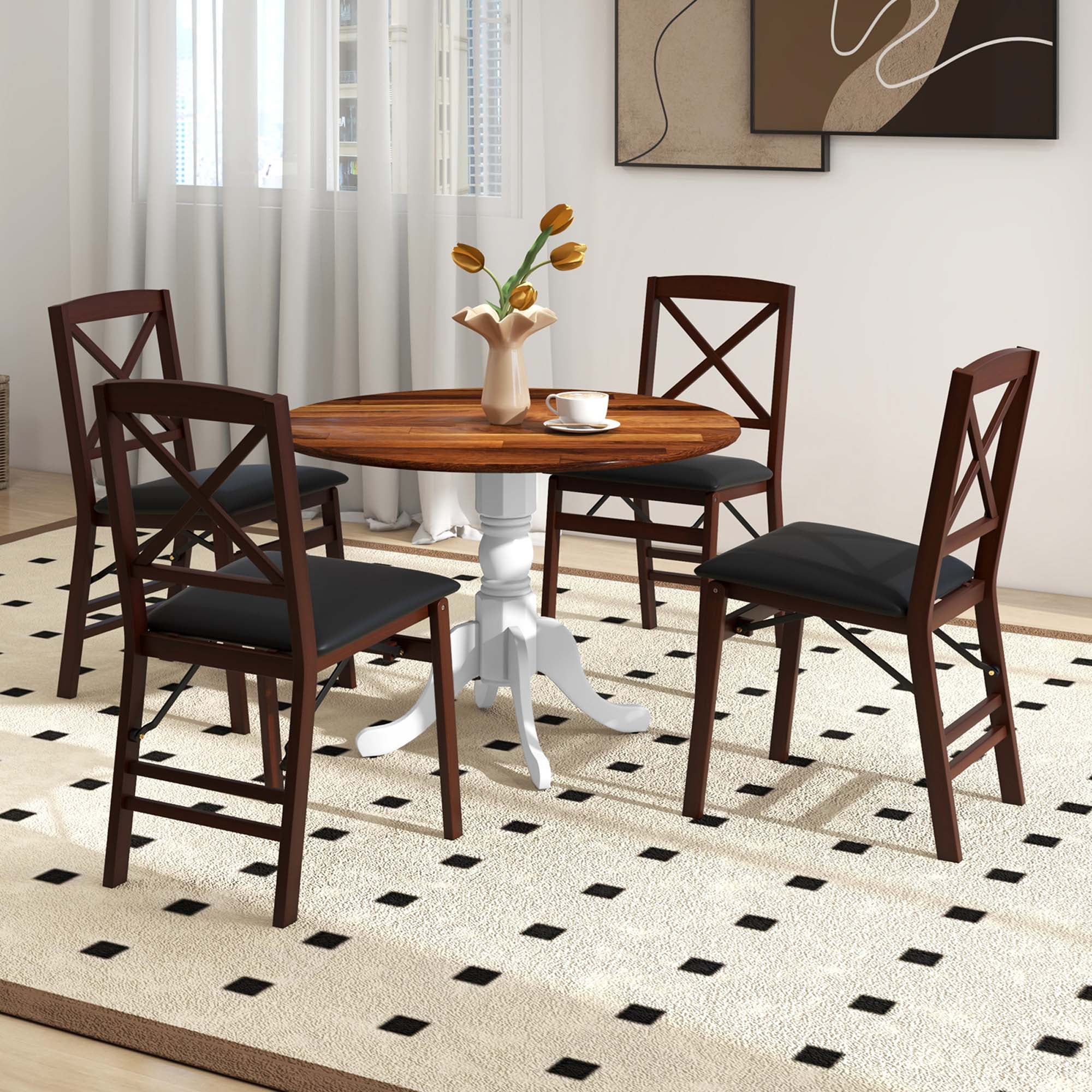 Costway 4-Person Dining Table Wooden Kitchen Table with Solid Rubber Wood Frame for Kitchen White&Walnut