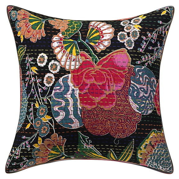 Stylo Culture Indian Couch Throw Pillow Cover 16x16 Kantha Embroidered Black Traditional 40x40 cm Home Decor Cotton Tropicana Square Cushion Cover | 1 Pc