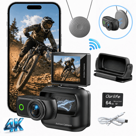 Ourlife Mini Wearable Action Camera, 4K Video, 48MP Photos, 2.0" Flip Screen, WiFi App, Magnetic Mount, Charging Case, 64GB Card, Black