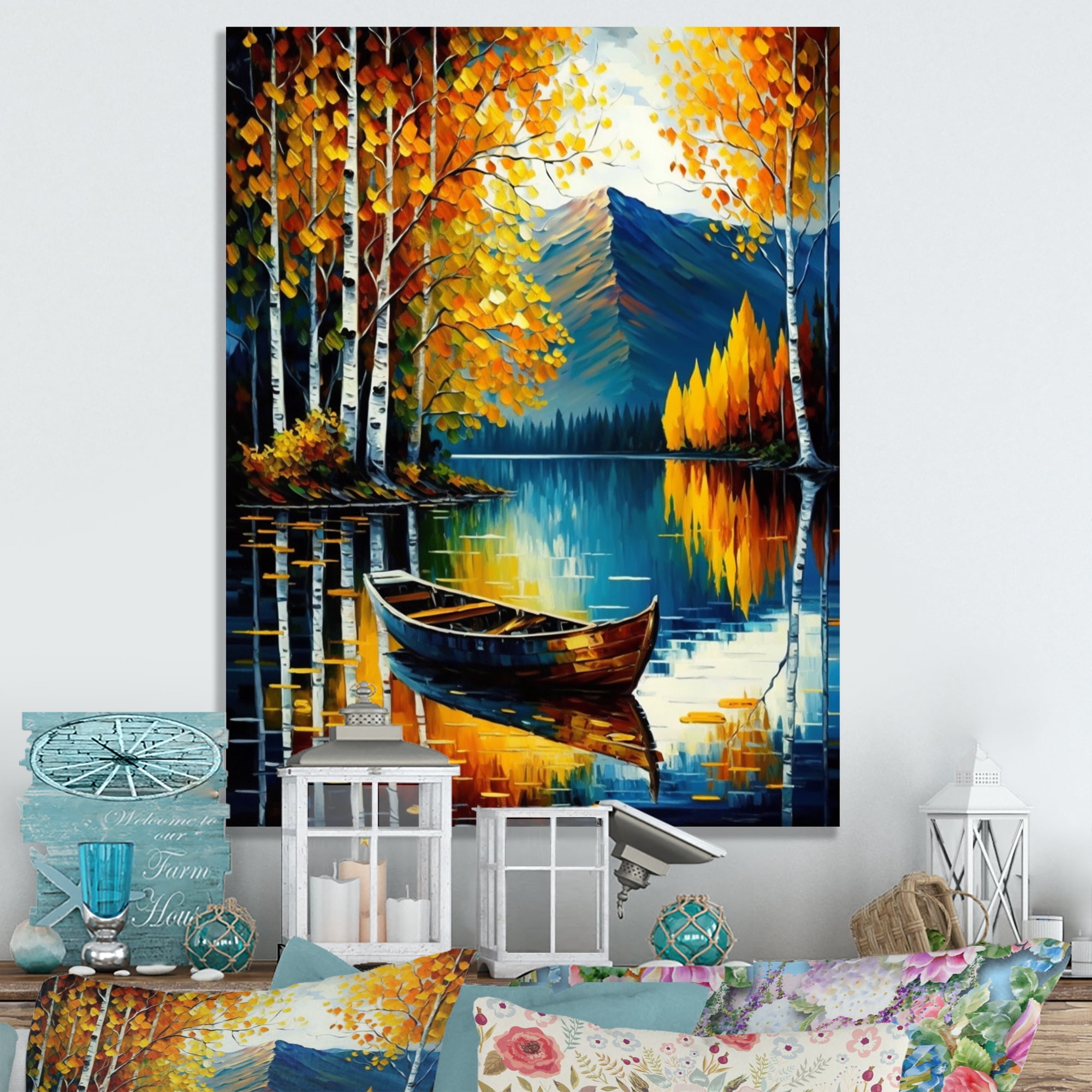 Designart Small Boat On Lake In Fall I Canvas Wall Art